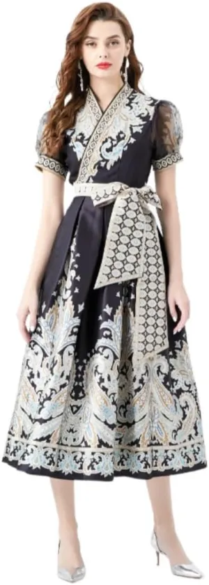 2025 Vintage Court Dress with French Design Long Puffed Sleeves and Waist Binding for Women