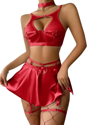 ABAFIP Women Rave Outfits Metallic Mini Skirt Cutout Crop Bra Top Choker Strappy Festival Dancewear set
