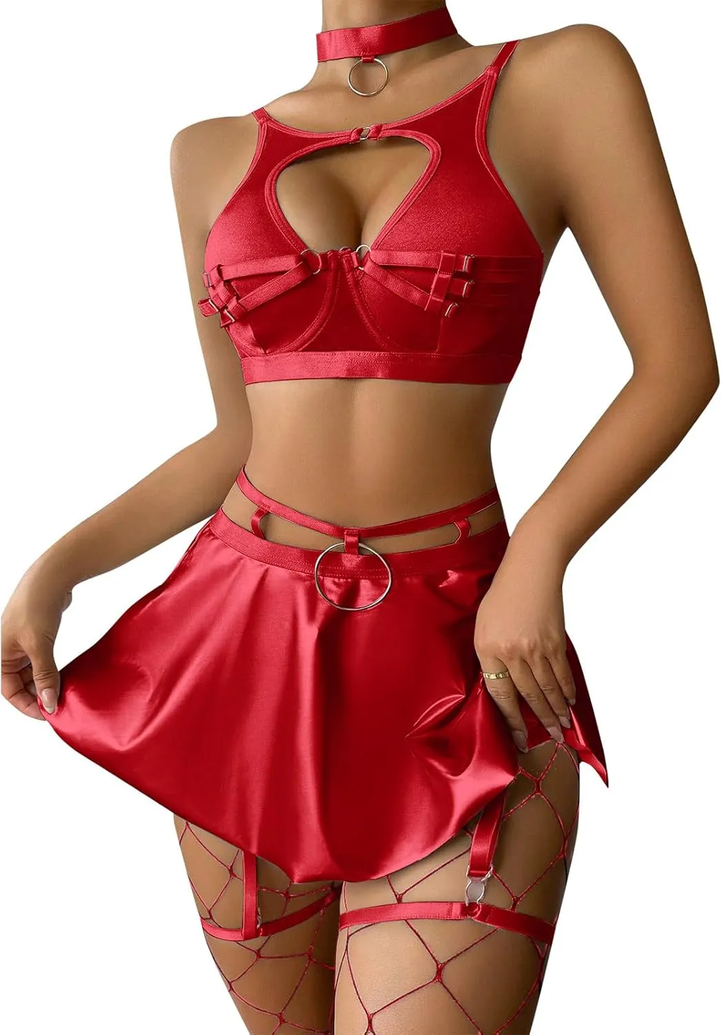 ABAFIP Women Rave Outfits Metallic Mini Skirt Cutout Crop Bra Top Choker Strappy Festival Dancewear set