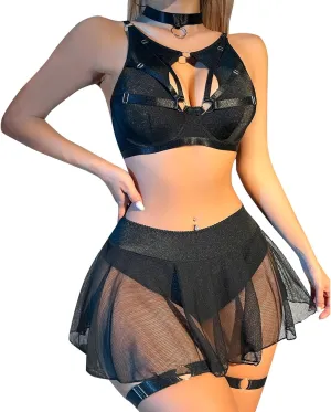 ABAFIP Women Rave Outfits Metallic Mini Skirt Cutout Crop Bra Top Choker Strappy Festival Dancewear set