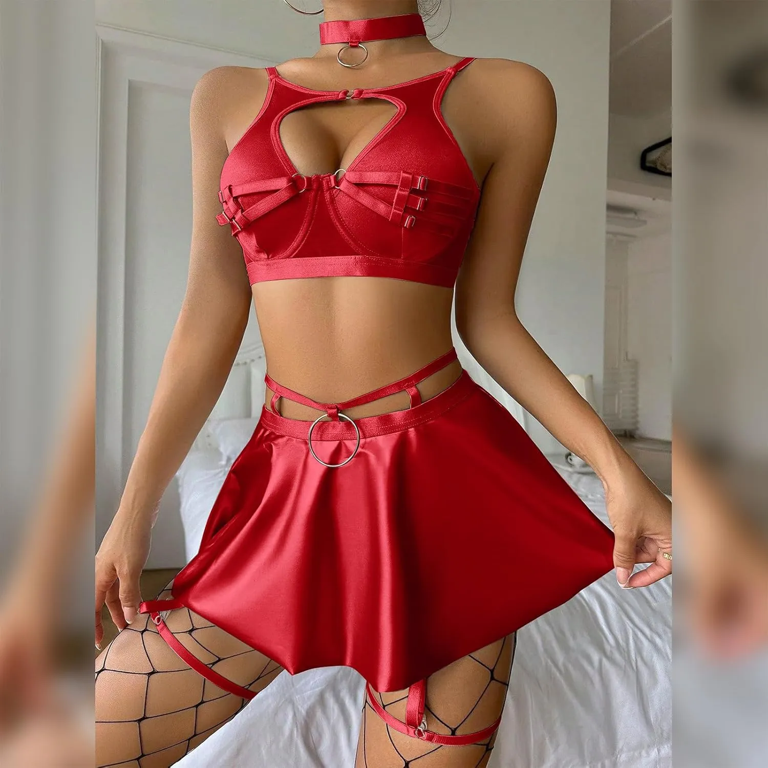 ABAFIP Women Rave Outfits Metallic Mini Skirt Cutout Crop Bra Top Choker Strappy Festival Dancewear set