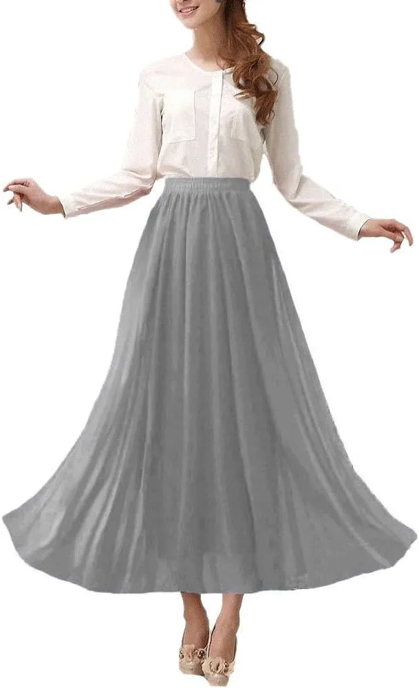 Afibi Womens Chiffon Retro Long Maxi Skirt Beach Ankle Length Skirt