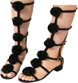 Aflngle Women's Flower Decoration Hollow Out Strap Buckle Open Toe Flats Sandals Fashion Back Zipper Low Block Chunky Heels Gladiator Roman Tall Long Booties