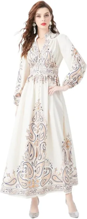 American Court Vintage Dress, Women's Senior Sense Lantern Sleeve Waist Slimming Print Slit Dress
