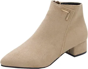 Ankle Boots for Women Comfy Leather Ankle Booties Fashion Stacked Chunky Heel Boots Side Zipper Round Toe Booties