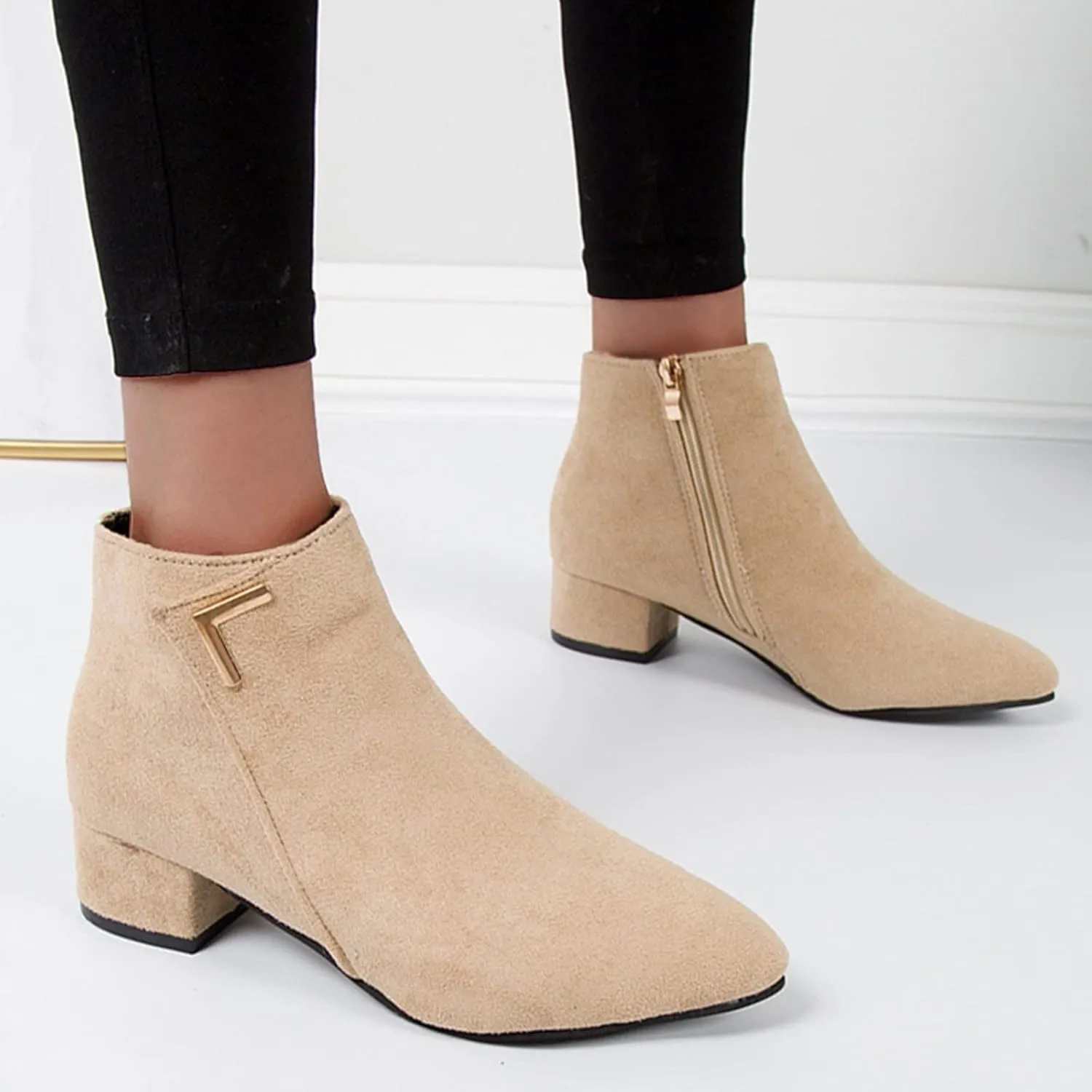 Ankle Boots for Women Comfy Leather Ankle Booties Fashion Stacked Chunky Heel Boots Side Zipper Round Toe Booties