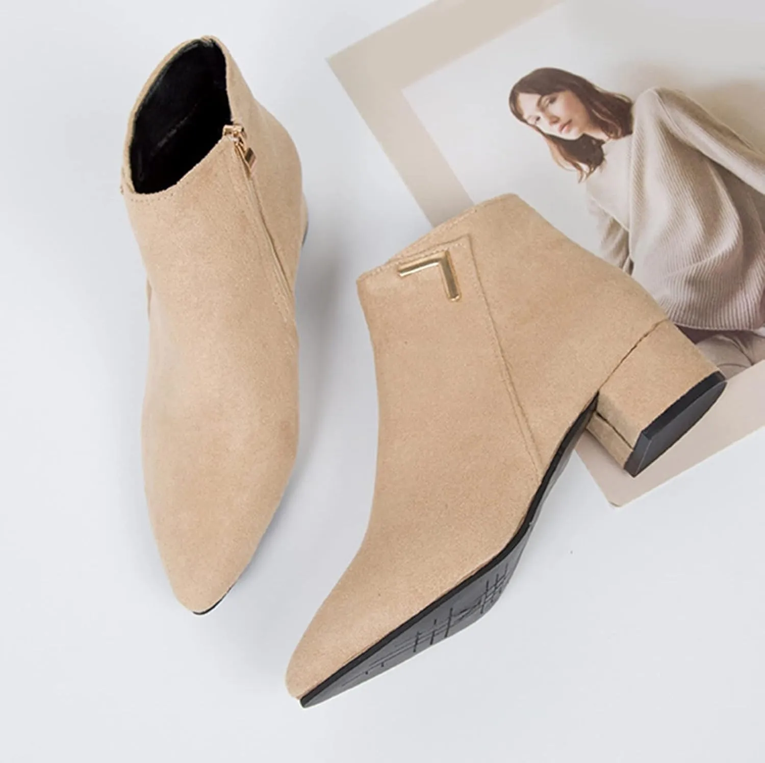 Ankle Boots for Women Comfy Leather Ankle Booties Fashion Stacked Chunky Heel Boots Side Zipper Round Toe Booties