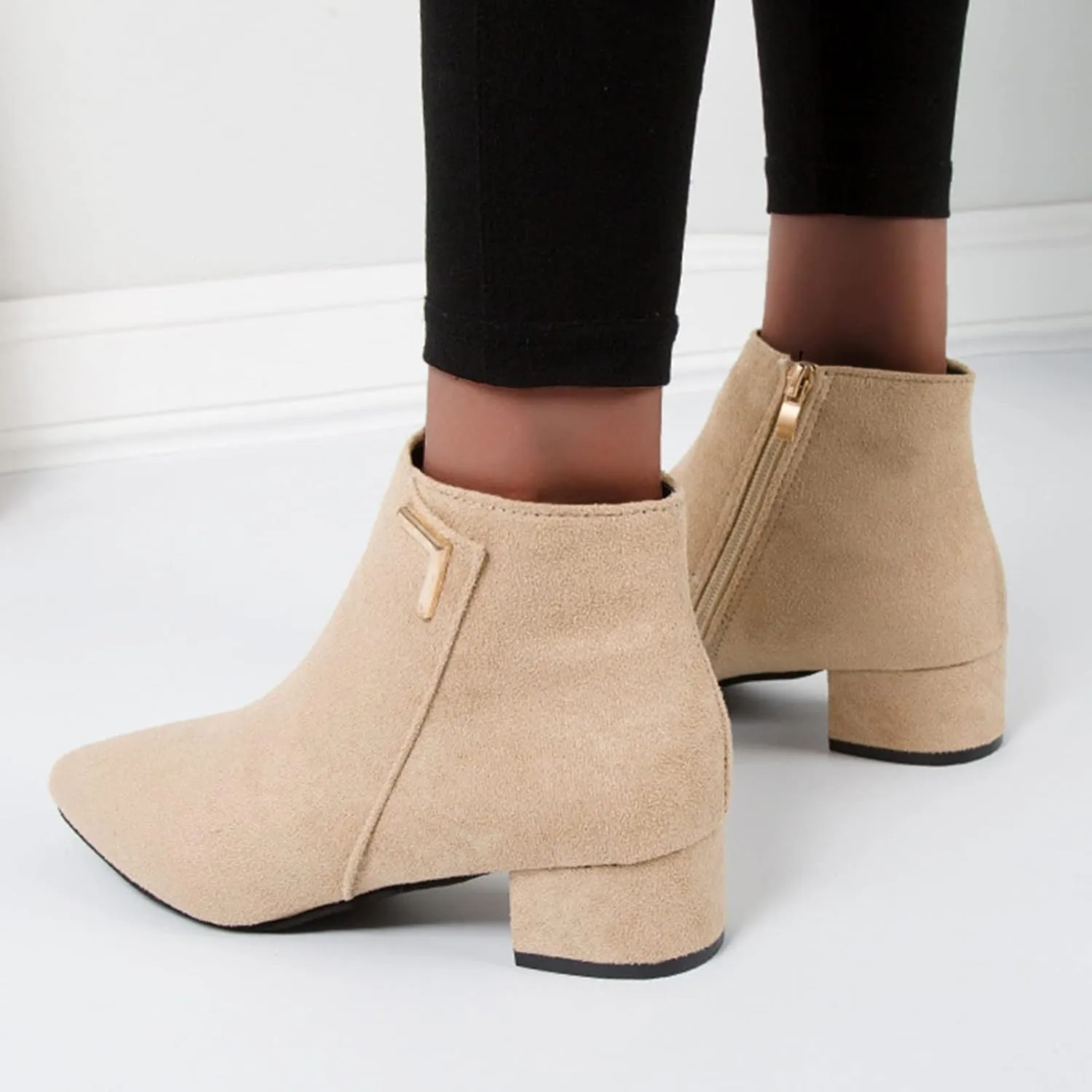 Ankle Boots for Women Comfy Leather Ankle Booties Fashion Stacked Chunky Heel Boots Side Zipper Round Toe Booties