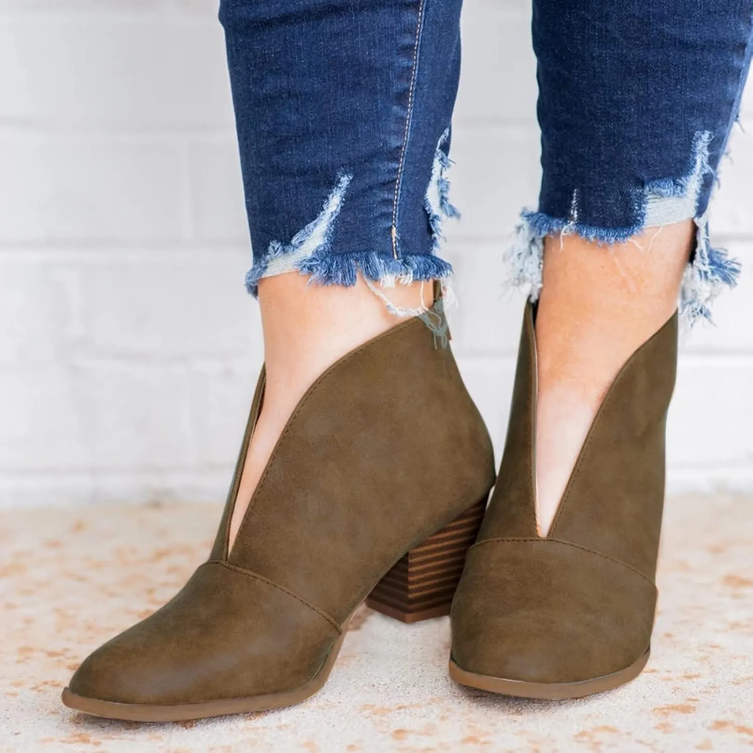 Ankle Boots for Women Low Heel V Cut Ankle Booties Stacked Chunky Heel Dressy Boots Faux Leather Western Booties