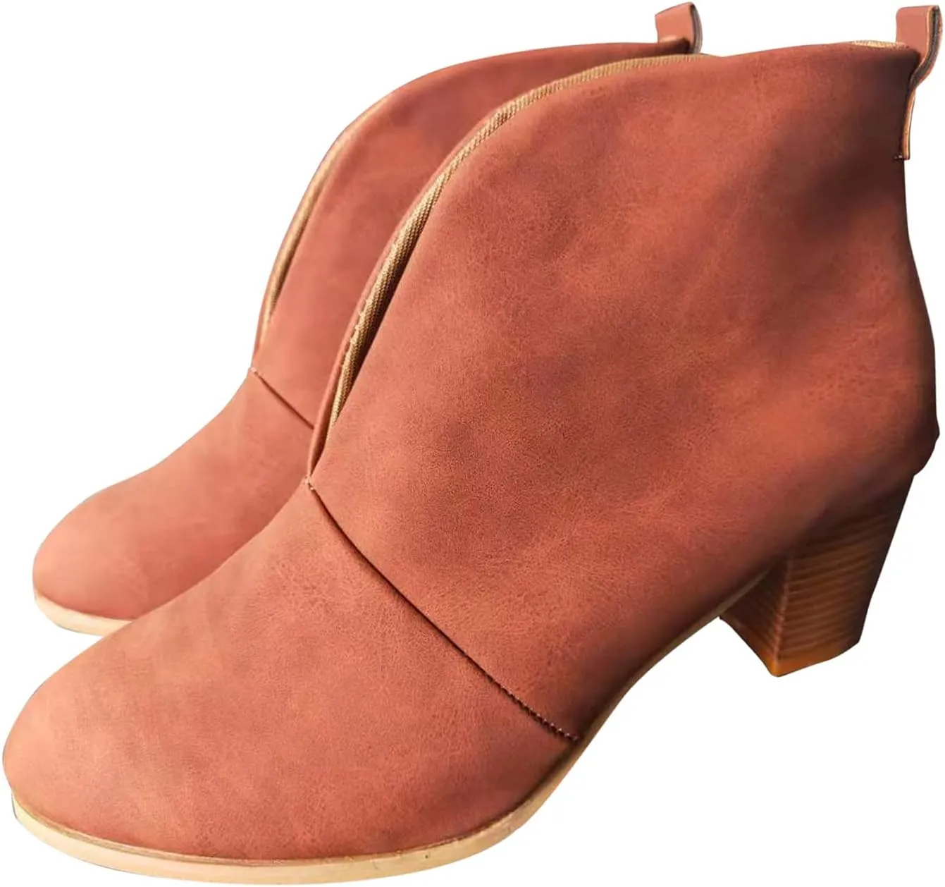 Ankle Boots for Women Low Heel V Cut Ankle Booties Stacked Chunky Heel Dressy Boots Faux Leather Western Booties