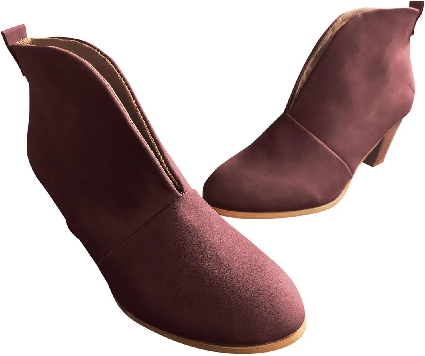 Ankle Boots for Women Low Heel V Cut Ankle Booties Stacked Chunky Heel Dressy Boots Faux Leather Western Booties