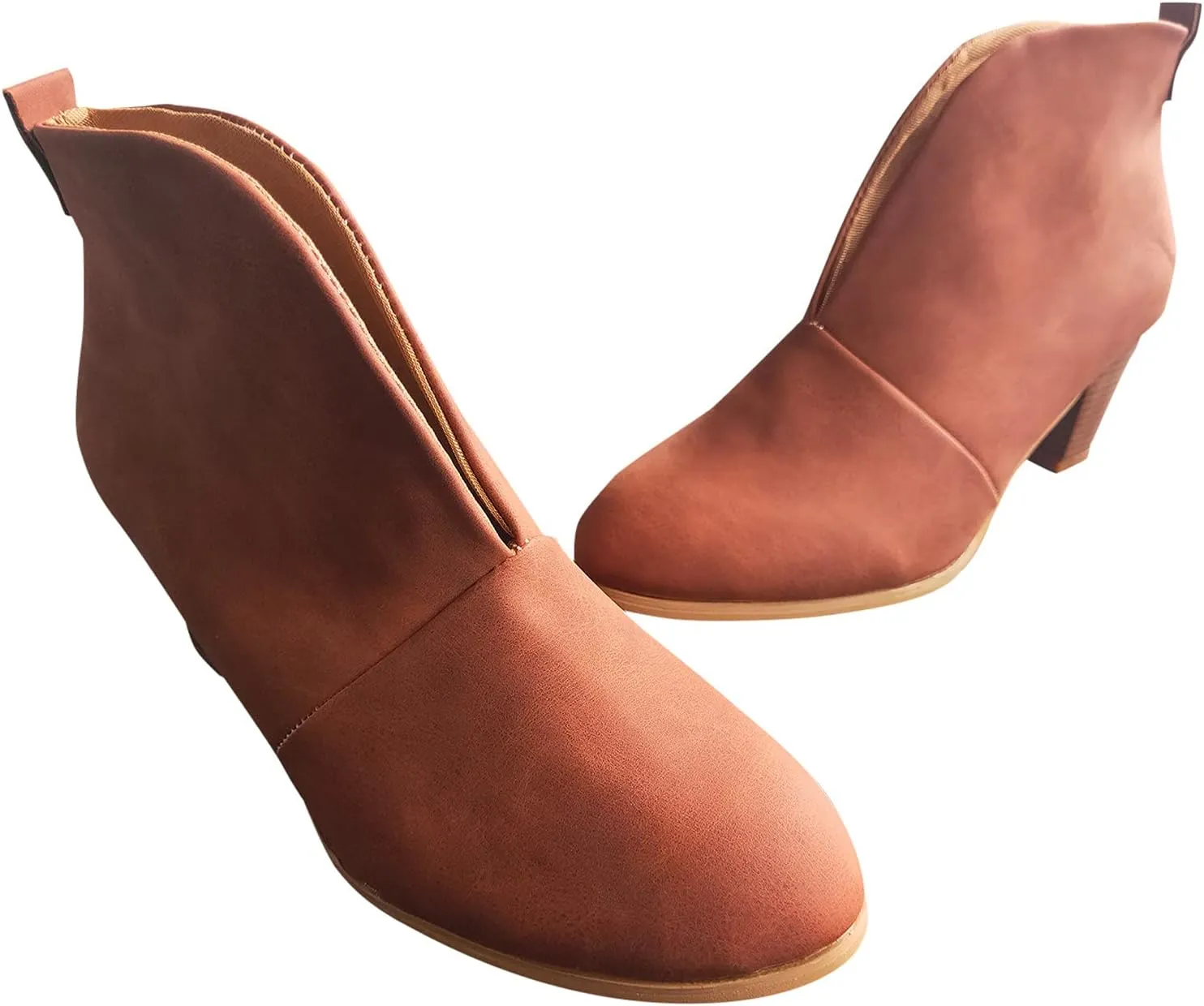 Ankle Boots for Women Low Heel V Cut Ankle Booties Stacked Chunky Heel Dressy Boots Faux Leather Western Booties