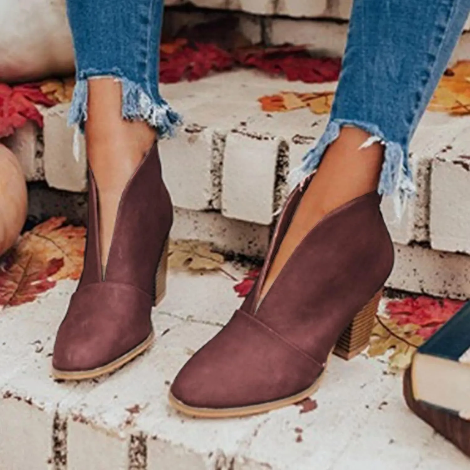 Ankle Boots for Women Low Heel V Cut Ankle Booties Stacked Chunky Heel Dressy Boots Faux Leather Western Booties
