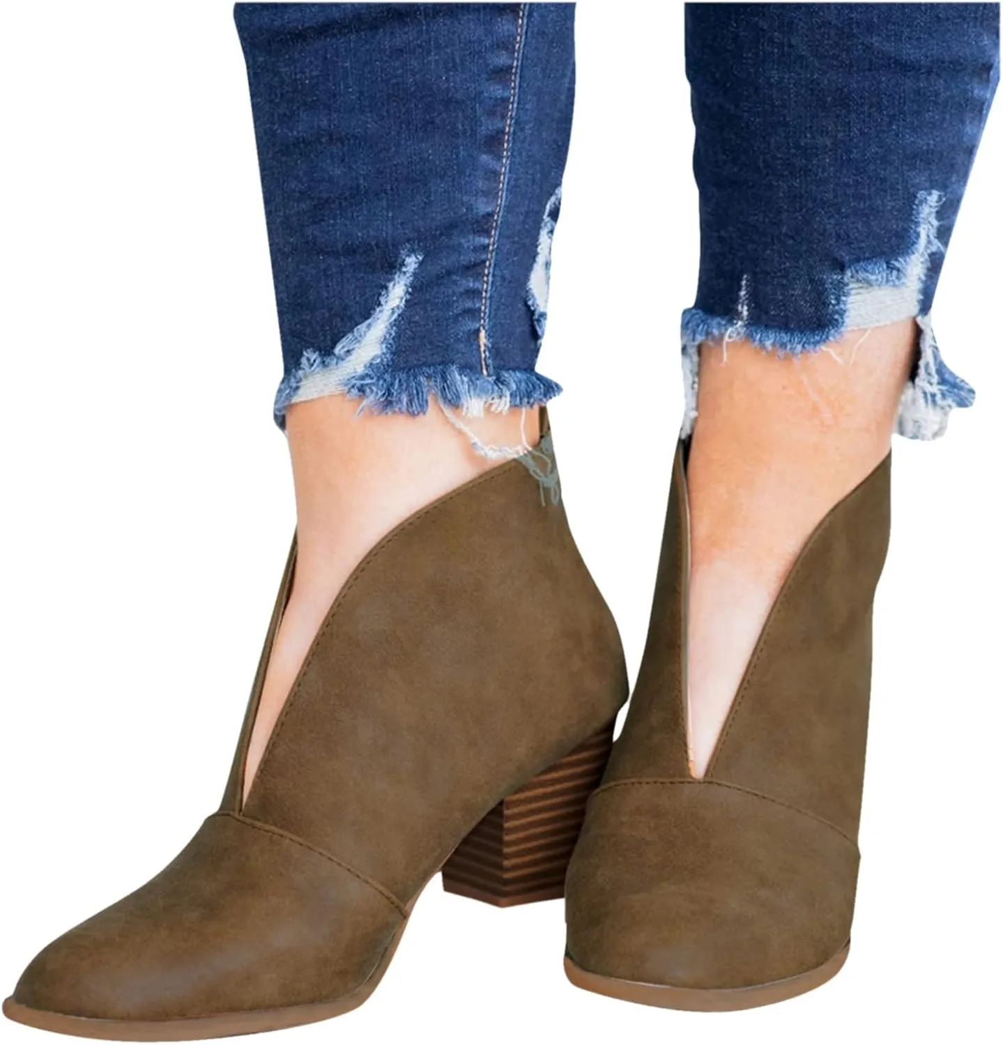 Ankle Boots for Women Low Heel V Cut Ankle Booties Stacked Chunky Heel Dressy Boots Faux Leather Western Booties