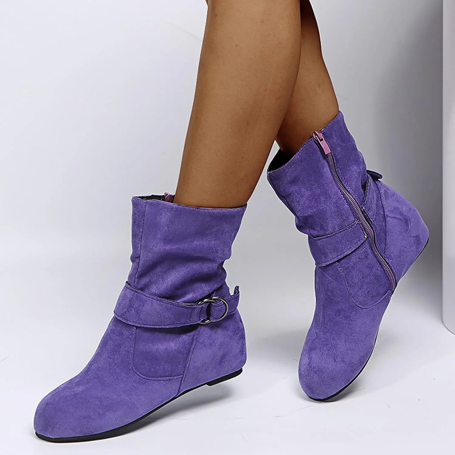 Ankle Boots for Women With No Heels Suede Slouchy Ruched Round Toe Slip On Flats Casual Fall Winter Wide Calf Short Boots