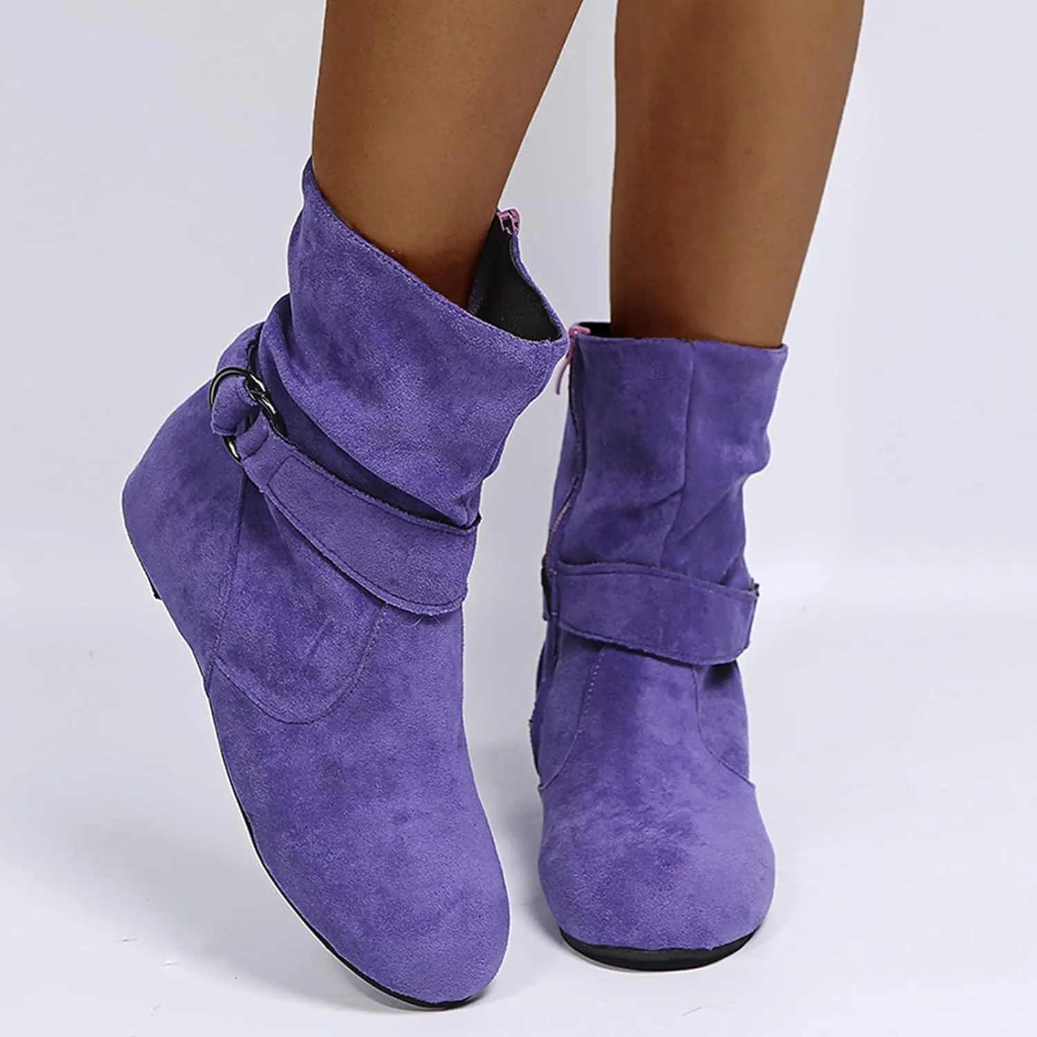 Ankle Boots for Women With No Heels Suede Slouchy Ruched Round Toe Slip On Flats Casual Fall Winter Wide Calf Short Boots