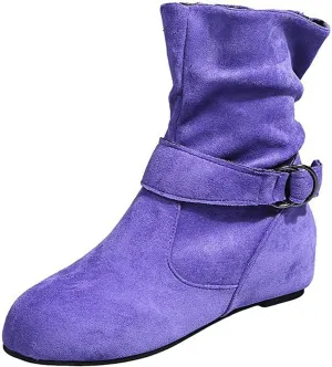Ankle Boots for Women With No Heels Suede Slouchy Ruched Round Toe Slip On Flats Casual Fall Winter Wide Calf Short Boots