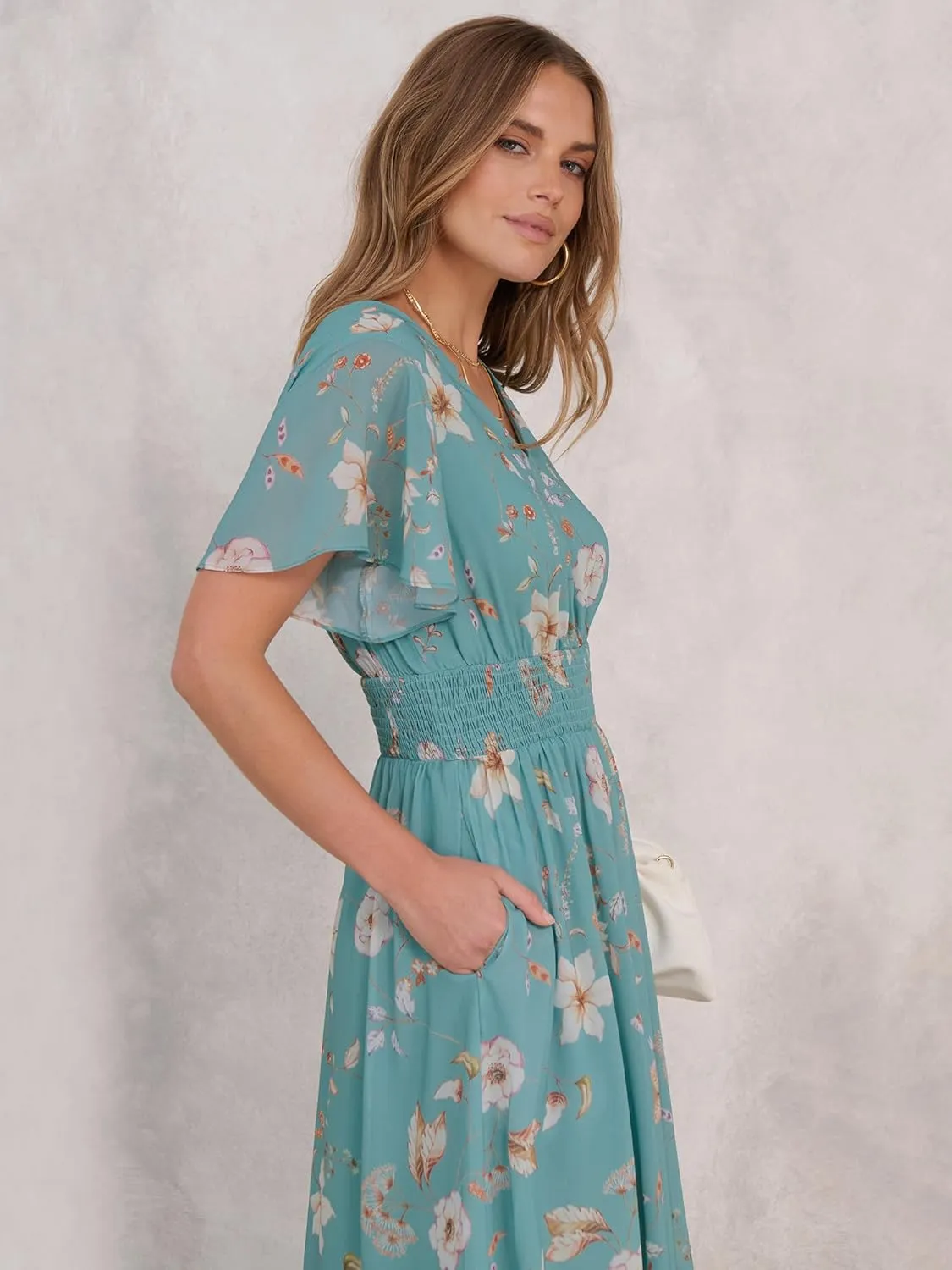 ANRABESS Womens Summer Floral Maxi Dress Casual V Neck Short Sleeve Chiffon Boho Flowy Beach 2025 Wedding Guest Long Dresses