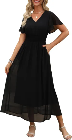 ANRABESS Womens Summer Floral Maxi Dress Casual V Neck Short Sleeve Chiffon Boho Flowy Beach 2025 Wedding Guest Long Dresses