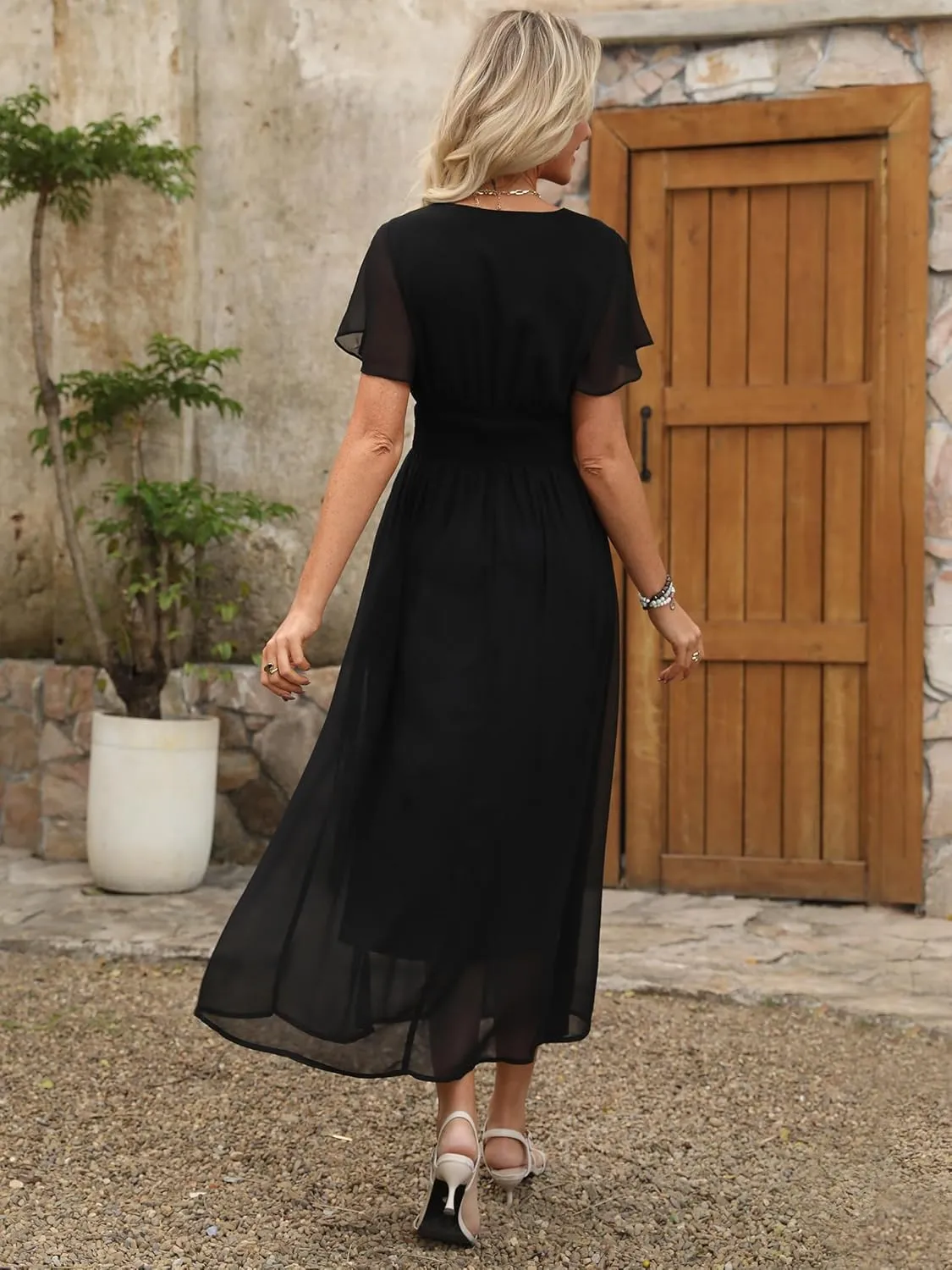 ANRABESS Womens Summer Floral Maxi Dress Casual V Neck Short Sleeve Chiffon Boho Flowy Beach 2025 Wedding Guest Long Dresses
