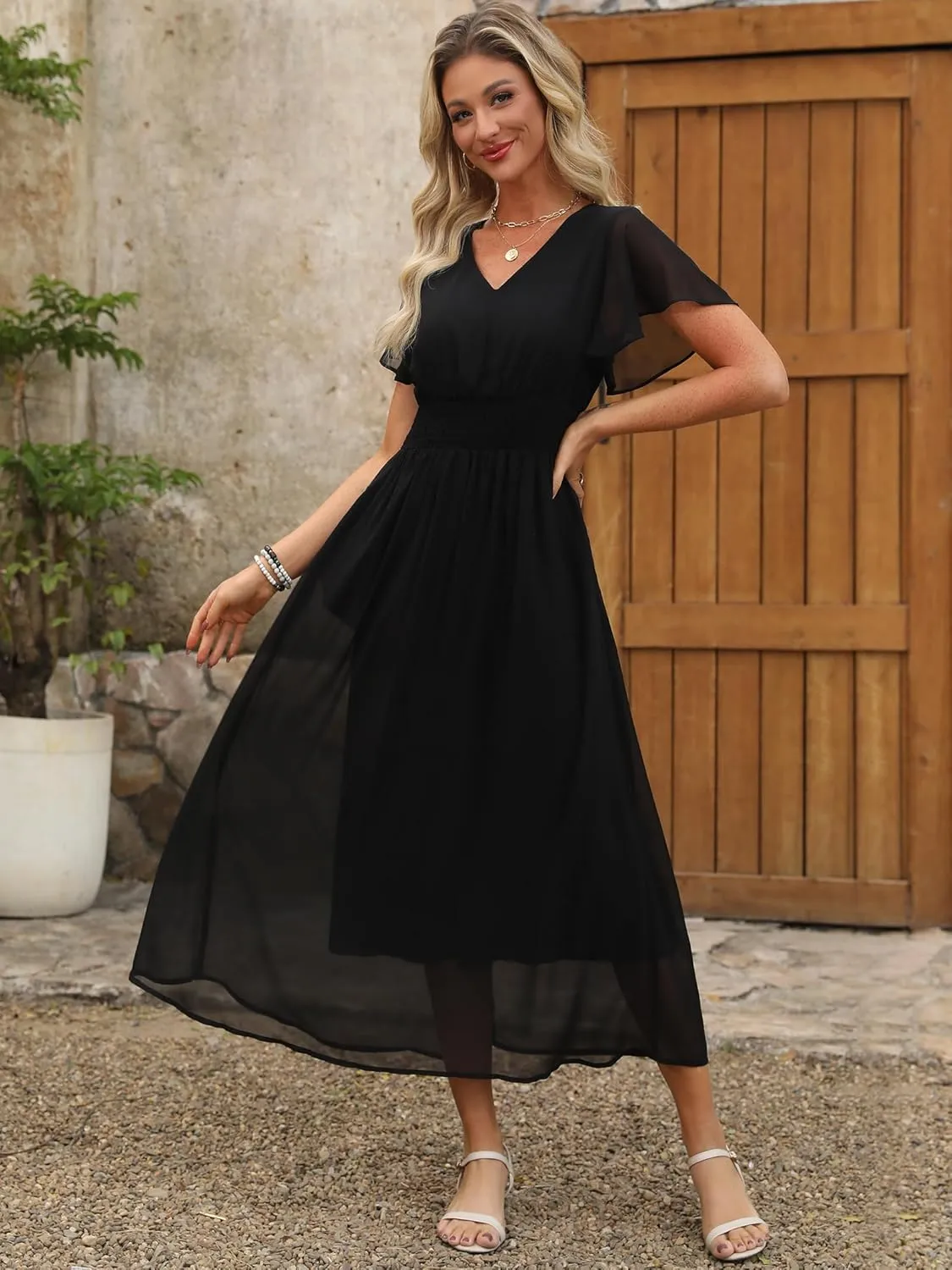 ANRABESS Womens Summer Floral Maxi Dress Casual V Neck Short Sleeve Chiffon Boho Flowy Beach 2025 Wedding Guest Long Dresses