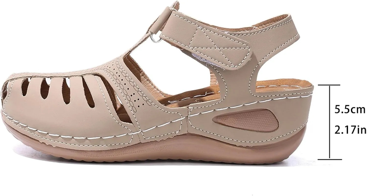 Arch Support Sandals for Women,Wide Width Orthopedic Closed Toe Cutout Caged Adjustable Strappy Summer Low Wedge Heel Sandal Ladies Comfy Cushioned Footbed Plantar Fasciitis Recovery Shoes