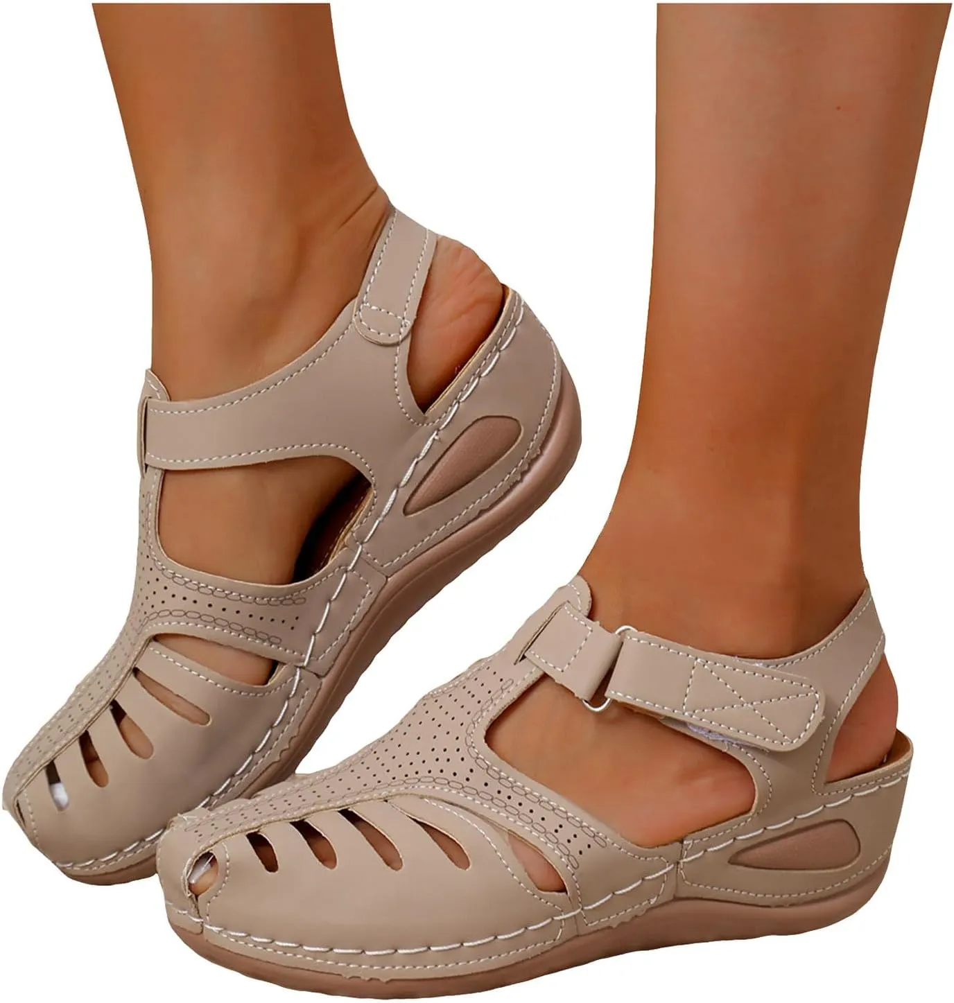 Arch Support Sandals for Women,Wide Width Orthopedic Closed Toe Cutout Caged Adjustable Strappy Summer Low Wedge Heel Sandal Ladies Comfy Cushioned Footbed Plantar Fasciitis Recovery Shoes