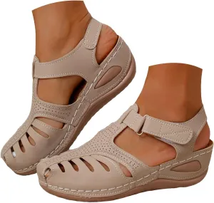 Arch Support Sandals for Women,Wide Width Orthopedic Closed Toe Cutout Caged Adjustable Strappy Summer Low Wedge Heel Sandal Ladies Comfy Cushioned Footbed Plantar Fasciitis Recovery Shoes