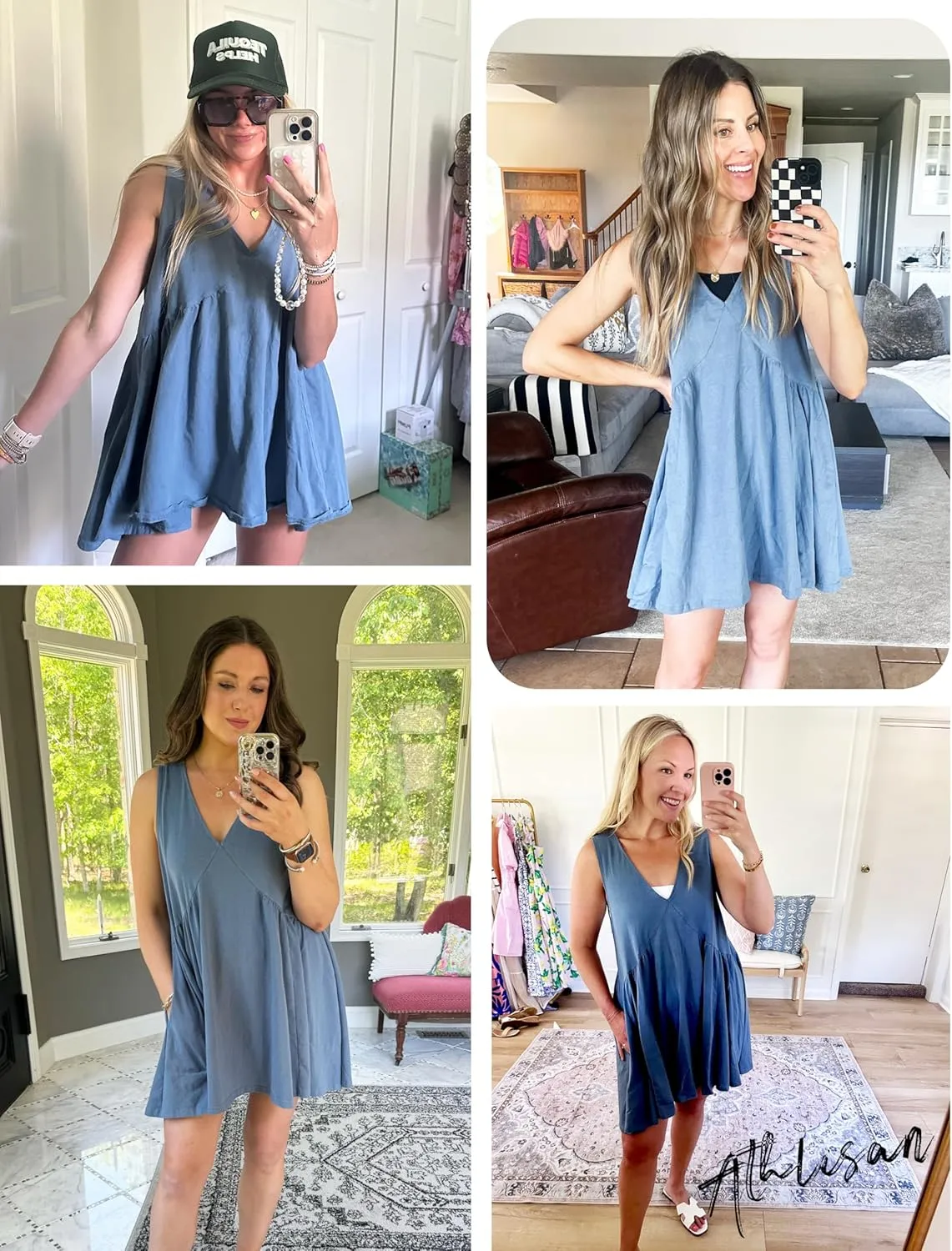 Athlisan Womens Summer Sleeveless Mini Dress Casual Loose V Neck Sundress with Pockets