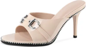 AUMOTED Peep Open Toe Sandals Women Stiletto High Heels Beaded Sandals Slip On Wedding Office Cute Basic Classic 3.1 Inches Summer Heels