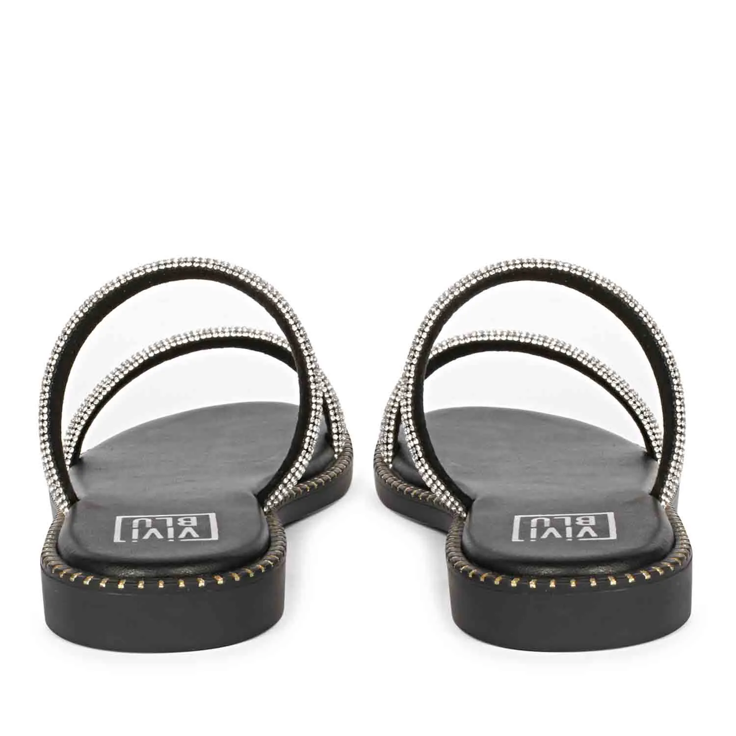 Aylin Crystal Cord Black Leather Flat Sandals