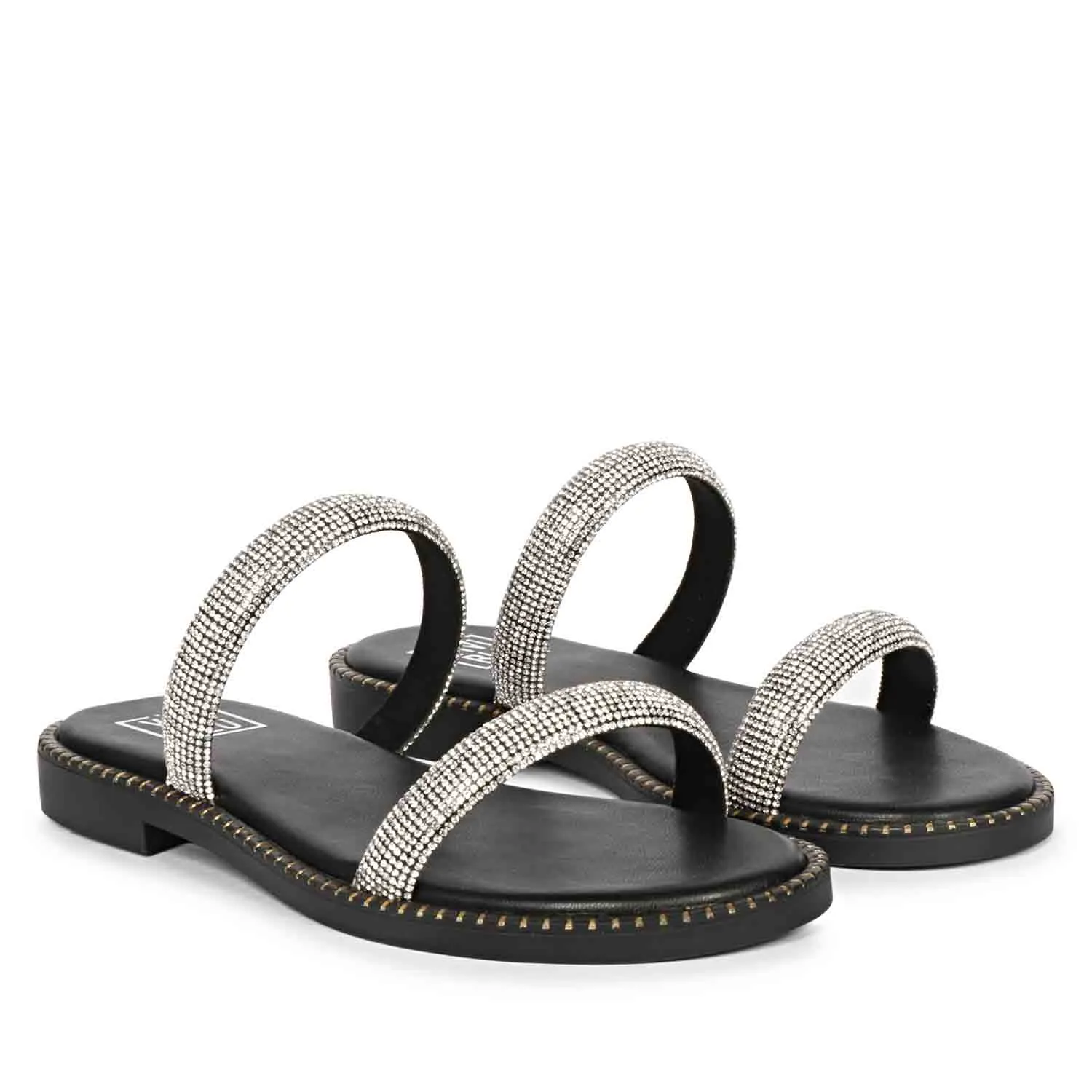 Aylin Crystal Cord Black Leather Flat Sandals