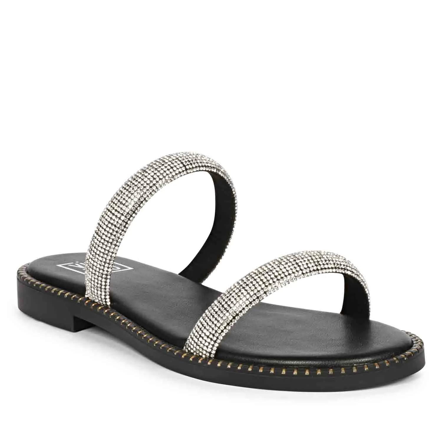 Aylin Crystal Cord Black Leather Flat Sandals