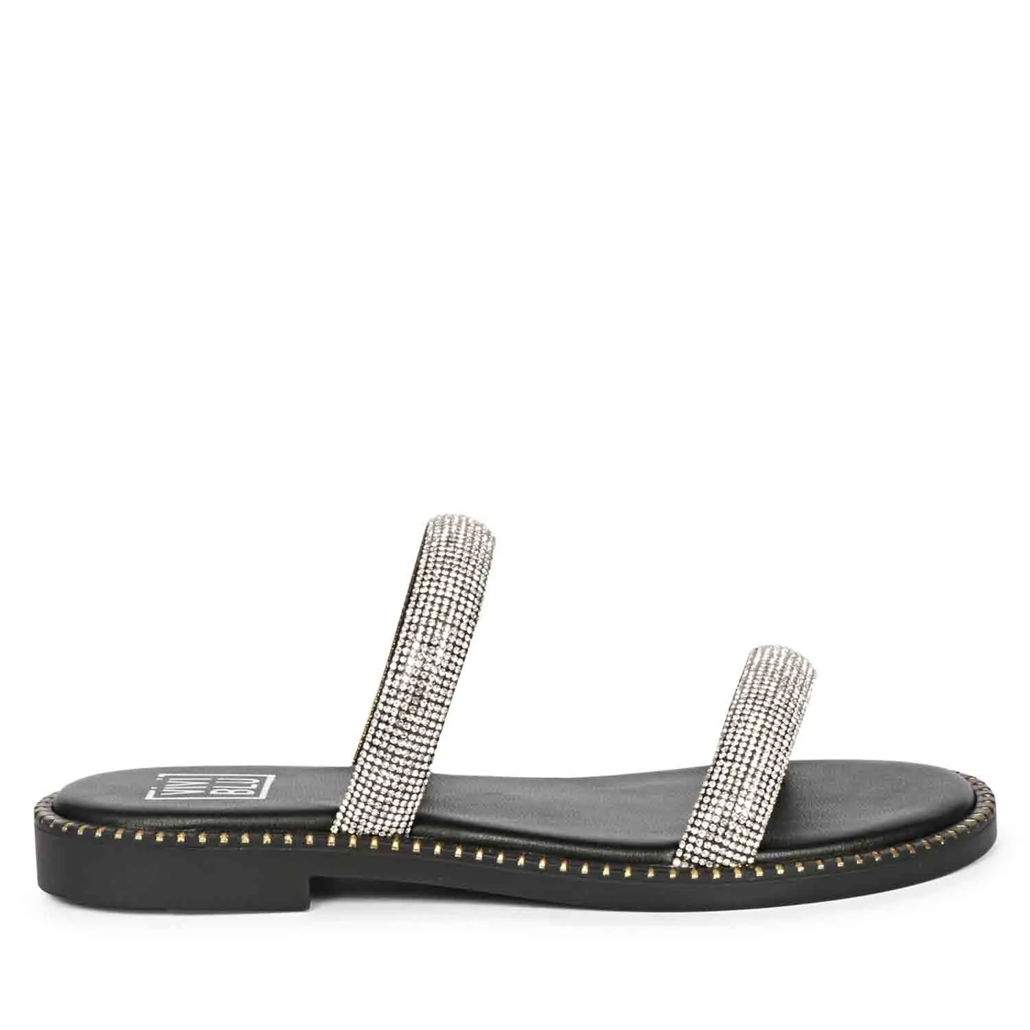 Aylin Crystal Cord Black Leather Flat Sandals