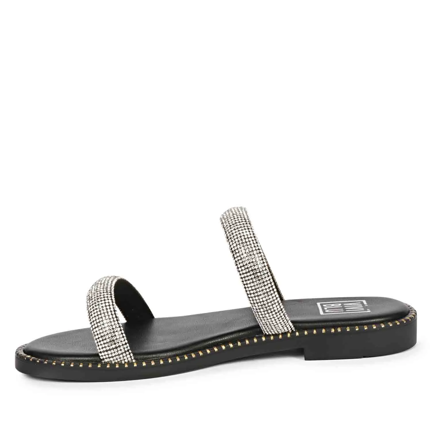 Aylin Crystal Cord Black Leather Flat Sandals