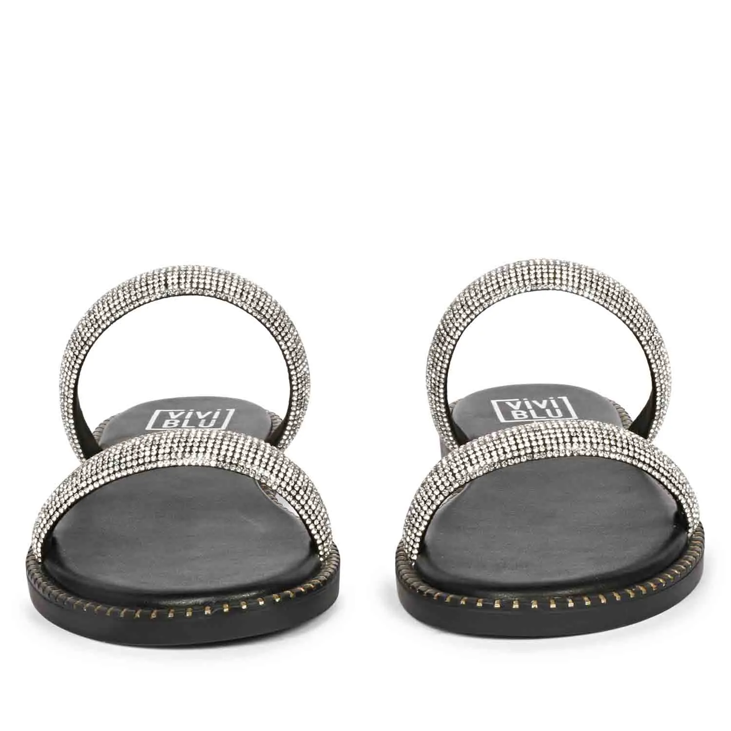 Aylin Crystal Cord Black Leather Flat Sandals