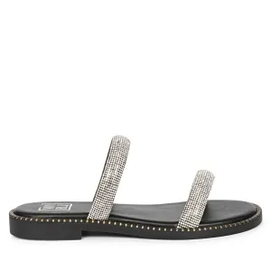 Aylin Crystal Cord Black Leather Flat Sandals