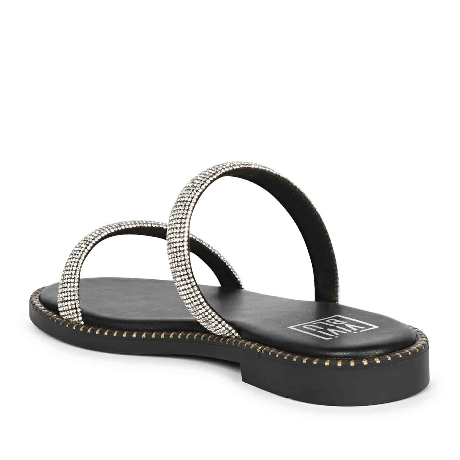Aylin Crystal Cord Black Leather Flat Sandals