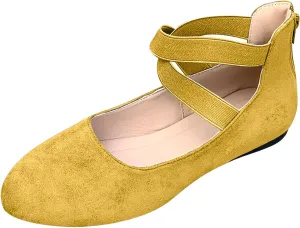 Ballet Flats Shoes for Women with Strap Comfortable Criss-Cross Elastic Ankle Straps Flats Shoes Round Toe Slip on Dress Flat Shoes