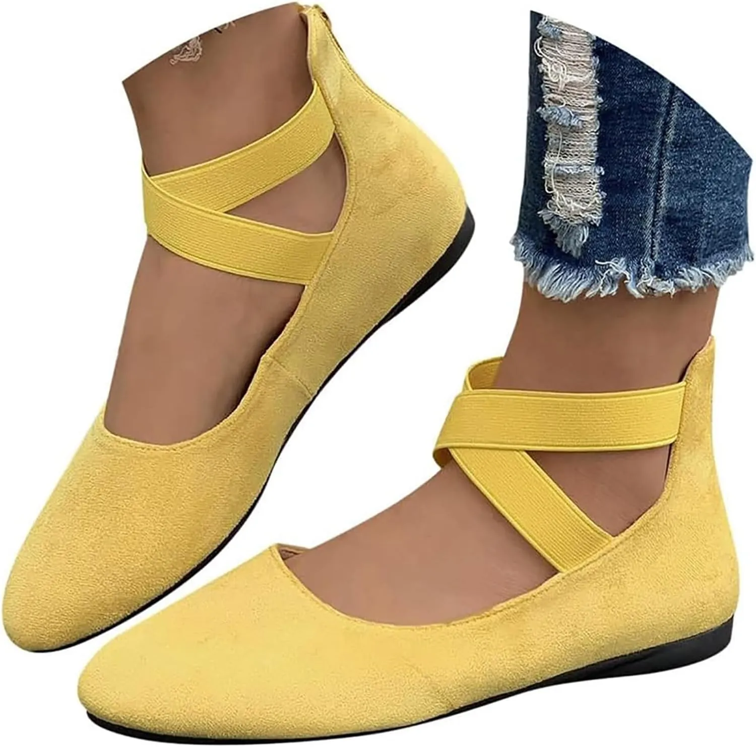 Ballet Flats Shoes for Women with Strap Comfortable Criss-Cross Elastic Ankle Straps Flats Shoes Round Toe Slip on Dress Flat Shoes