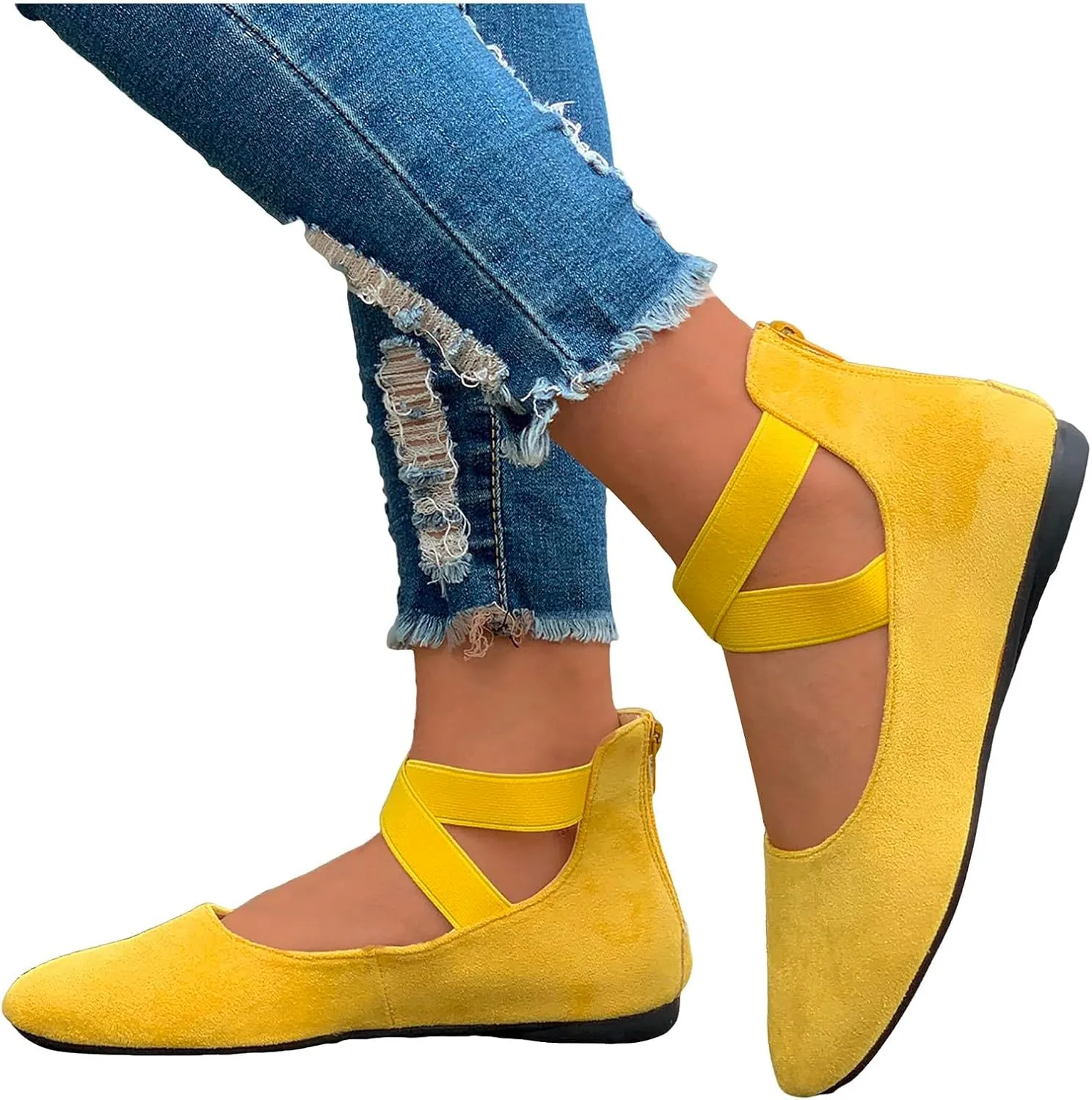 Ballet Flats Shoes for Women with Strap Comfortable Criss-Cross Elastic Ankle Straps Flats Shoes Round Toe Slip on Dress Flat Shoes