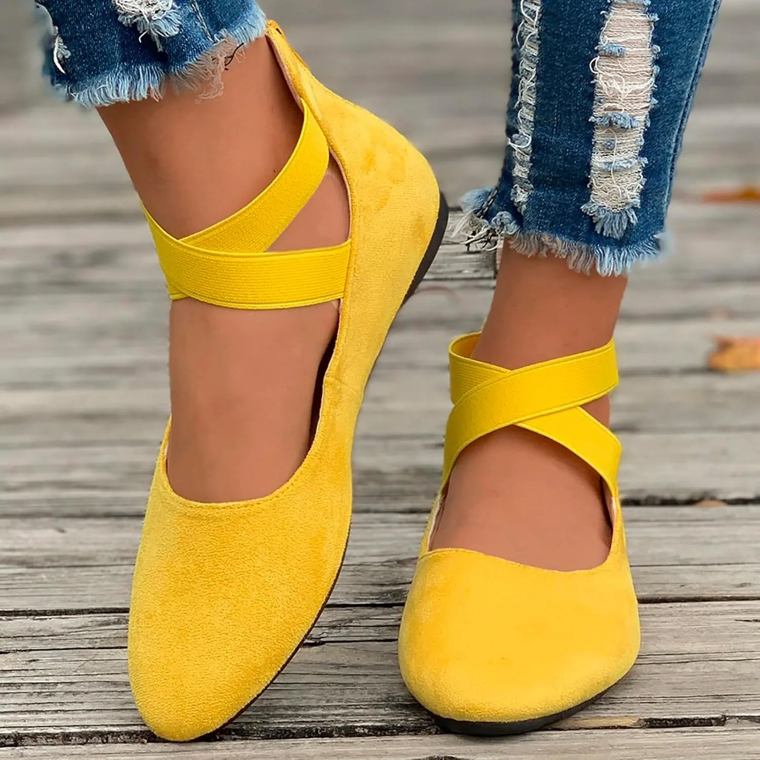 Ballet Flats Shoes for Women with Strap Comfortable Criss-Cross Elastic Ankle Straps Flats Shoes Round Toe Slip on Dress Flat Shoes