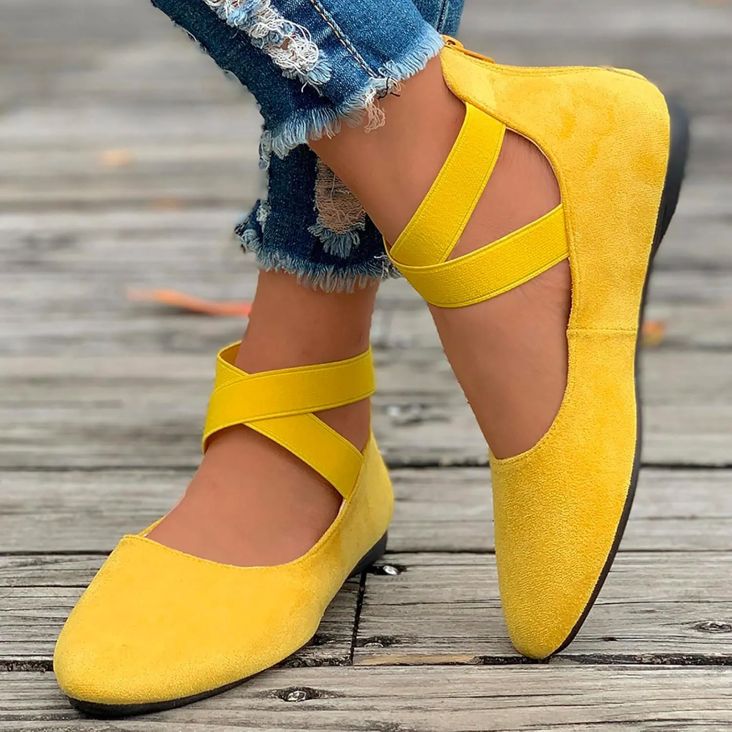 Ballet Flats Shoes for Women with Strap Comfortable Criss-Cross Elastic Ankle Straps Flats Shoes Round Toe Slip on Dress Flat Shoes