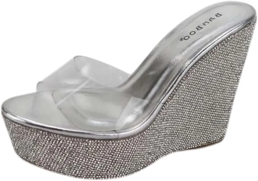 BAMBOO Women Rhinestone Glitter Clear Band Platform Wedge Sandal