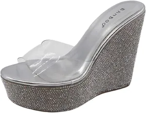 BAMBOO Women Rhinestone Glitter Clear Band Platform Wedge Sandal