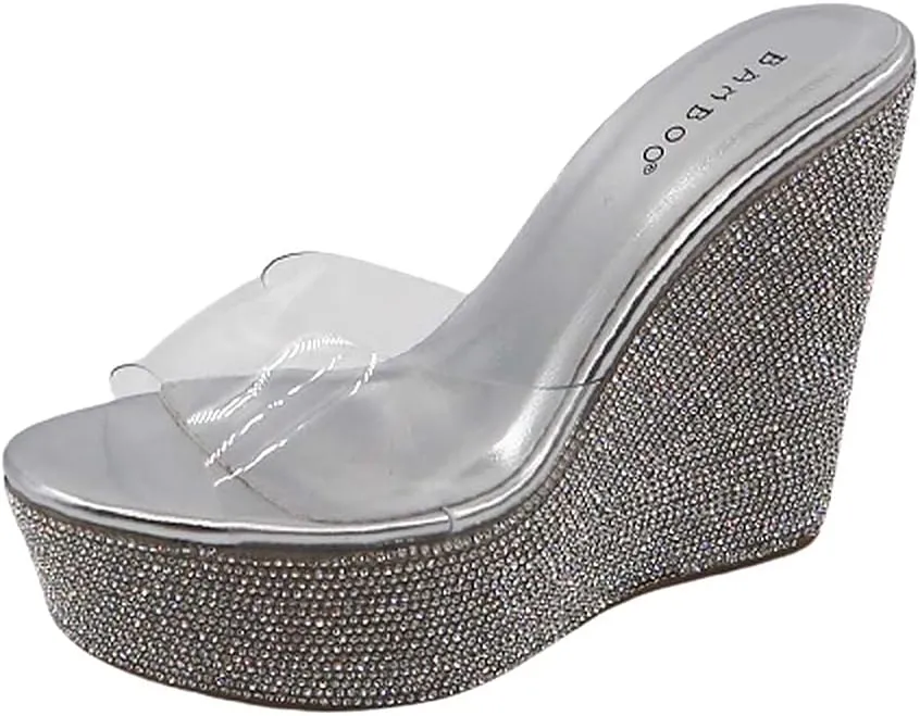 BAMBOO Women Rhinestone Glitter Clear Band Platform Wedge Sandal
