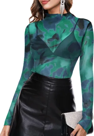 BBX Lephsnt Womens Sheer Mesh Layering Top Sparkle Long Sleeve Shirts Mock Neck See Through Tee Shirt