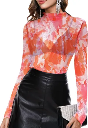 BBX Lephsnt Womens Sheer Mesh Layering Top Sparkle Long Sleeve Shirts Mock Neck See Through Tee Shirt