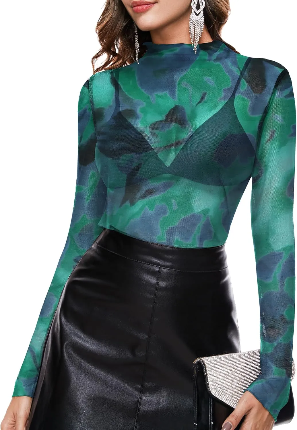 BBX Lephsnt Womens Sheer Mesh Layering Top Sparkle Long Sleeve Shirts Mock Neck See Through Tee Shirt