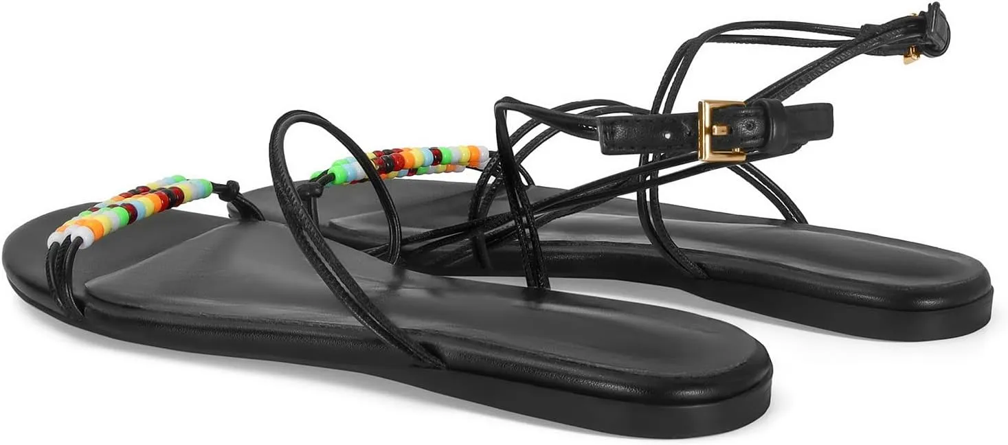 Beaded Strappy Flat Sandals for Women Bohemian Sandals Open Toe Slingback Flats Summer Vacation Beach Casual Daily Dressy Cute Shoes
